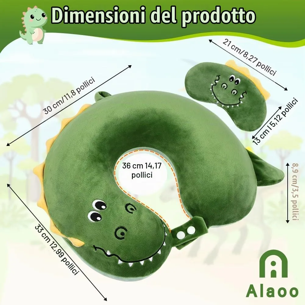 Alaoo Cuscino da Viaggio per Bambini, con Benda sull'occhio,Dinosauro - immagine 2