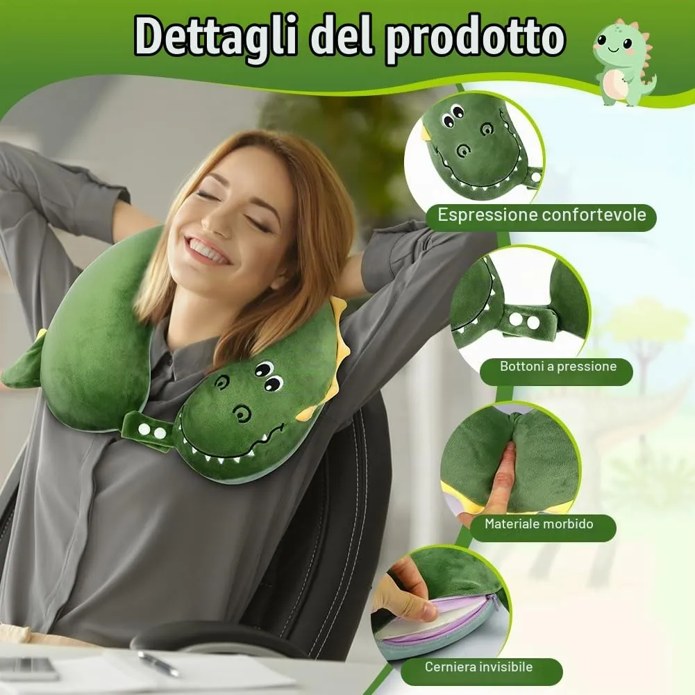 Alaoo Cuscino da Viaggio per Bambini, con Benda sull'occhio,Dinosauro - immagine 3