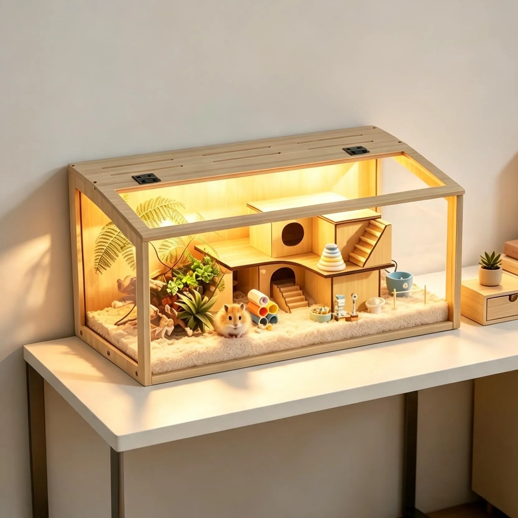 Gabbia per Criceti 80x40x40cm Grande in Legno e Vetro Temperato con Luce - immagine 1