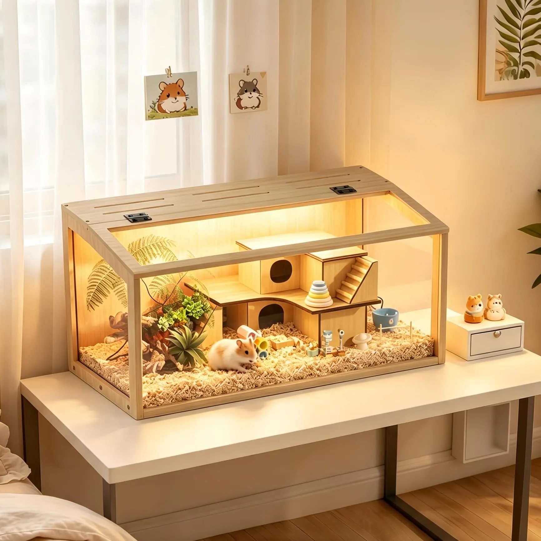 Gabbia per Criceti 80x40x40cm Grande in Legno e Vetro Temperato con Luce - immagine 2