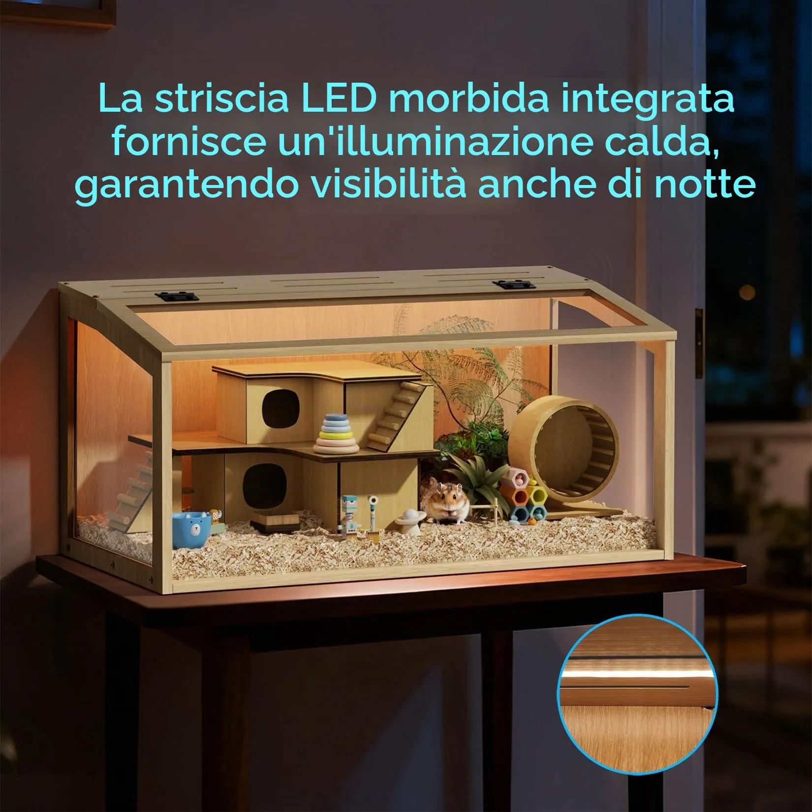 Gabbia per Criceti 80x40x40cm Grande in Legno e Vetro Temperato con Luce - immagine 3