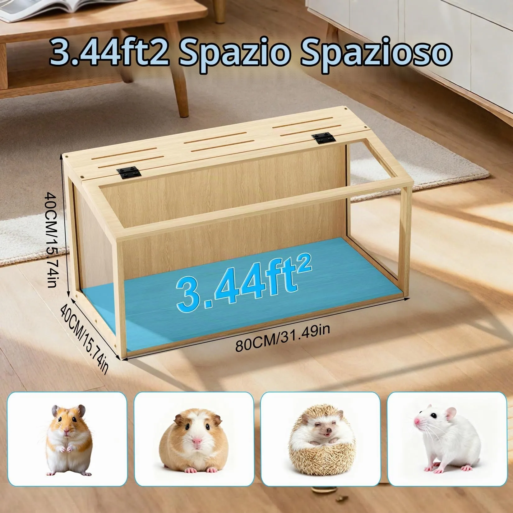 Gabbia per Criceti 80x40x40cm Grande in Legno e Vetro Temperato con Luce - immagine 4