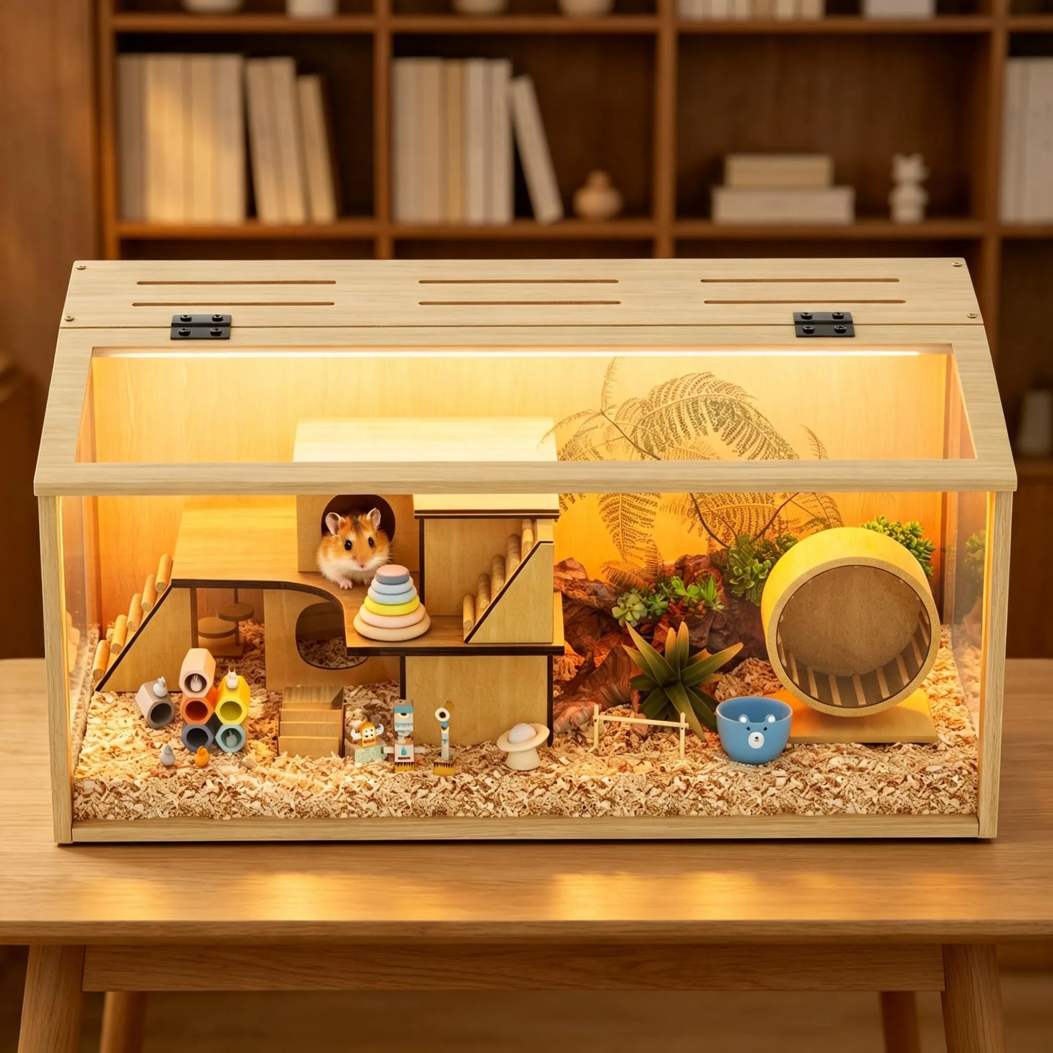 Gabbia per Criceti 80x40x40cm Grande in Legno e Vetro Temperato con Luce - immagine 5