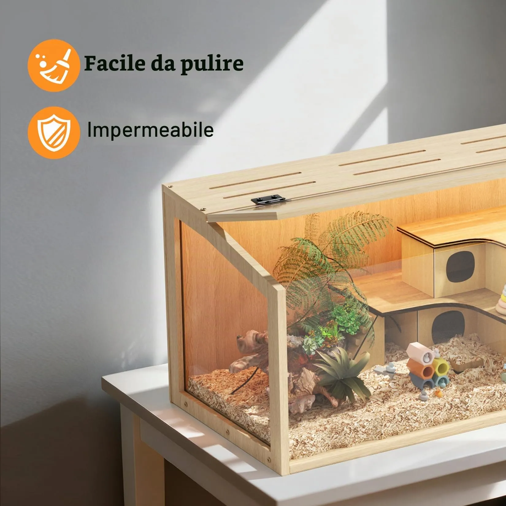Gabbia per Criceti 80x40x40cm Grande in Legno e Vetro Temperato con Luce - immagine 9