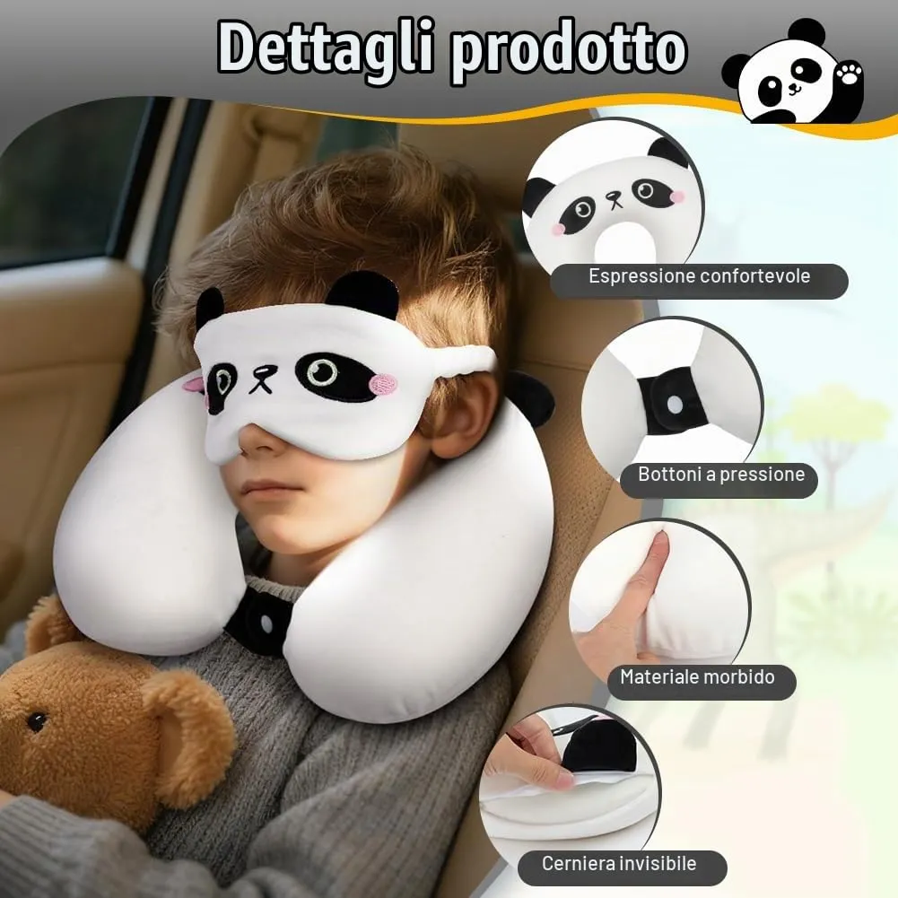 Alaoo Cuscino da Viaggio per Bambini, con Benda sull'occhio,Panda - immagine 3