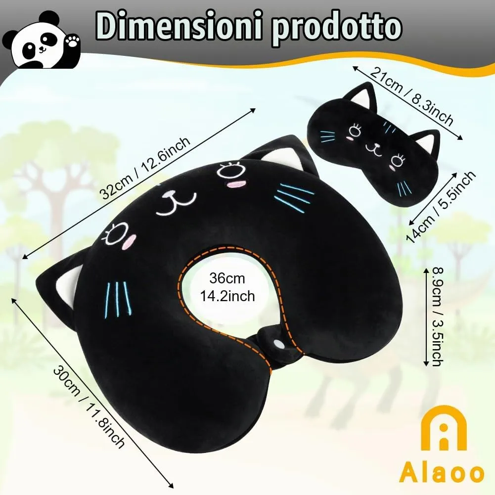 Alaoo Cuscino da Viaggio per Bambini, con Benda sull'occhio,Gatto Nero - immagine 2