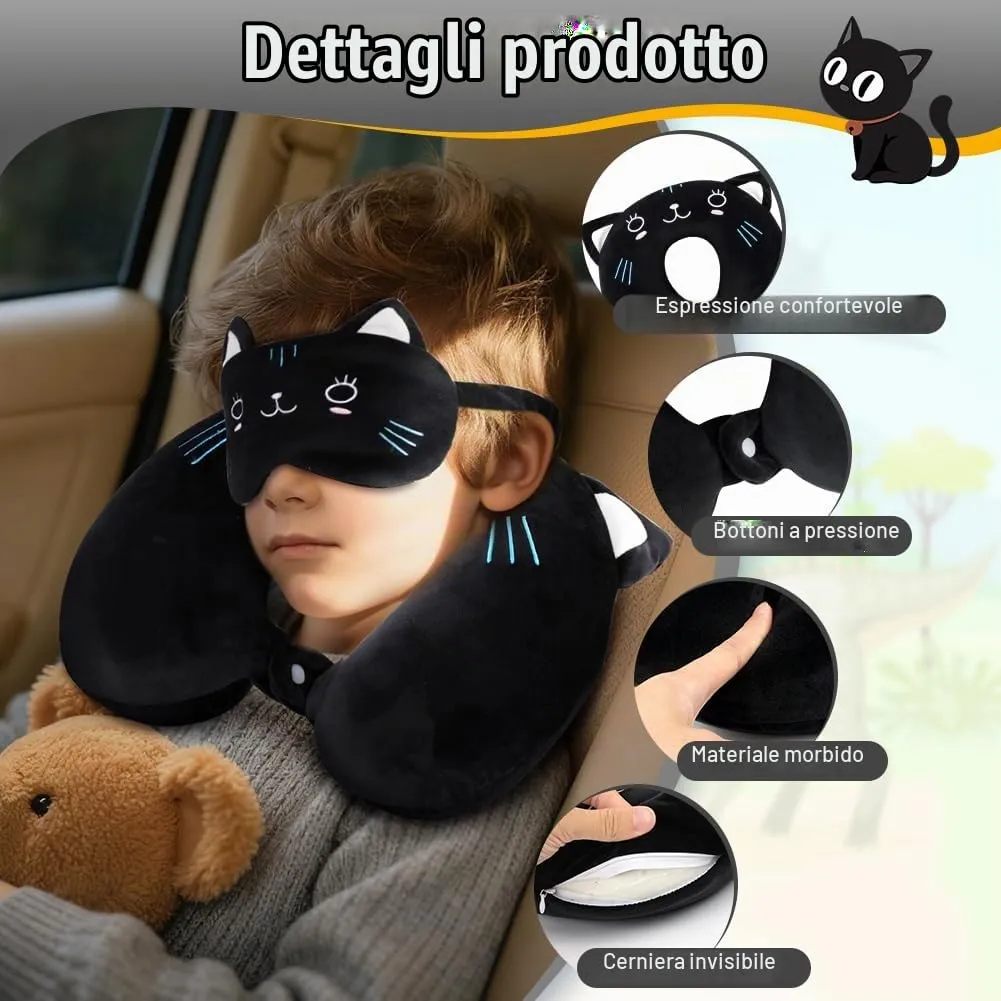 Alaoo Cuscino da Viaggio per Bambini, con Benda sull'occhio,Gatto Nero - immagine 3