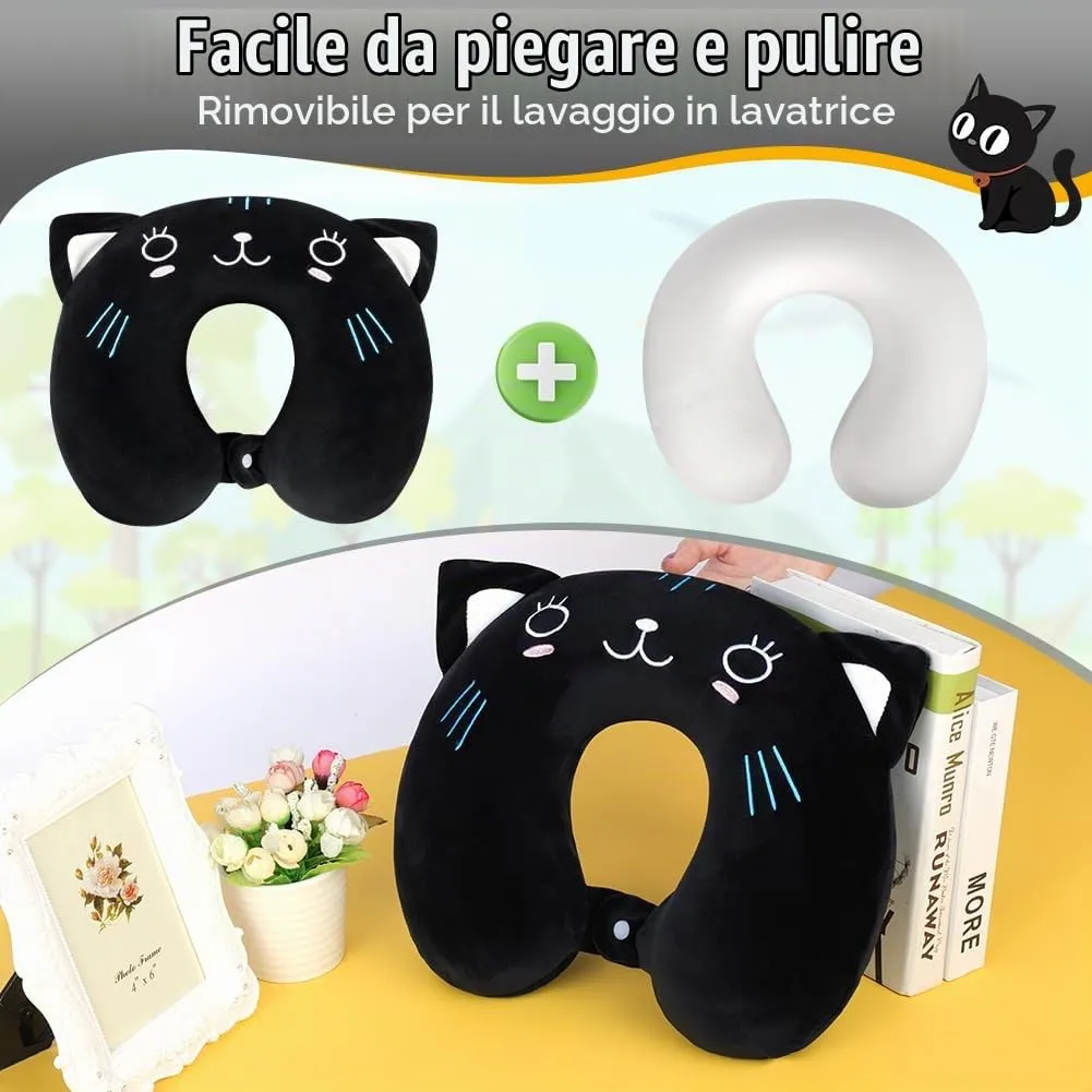 Alaoo Cuscino da Viaggio per Bambini, con Benda sull'occhio,Gatto Nero - immagine 4