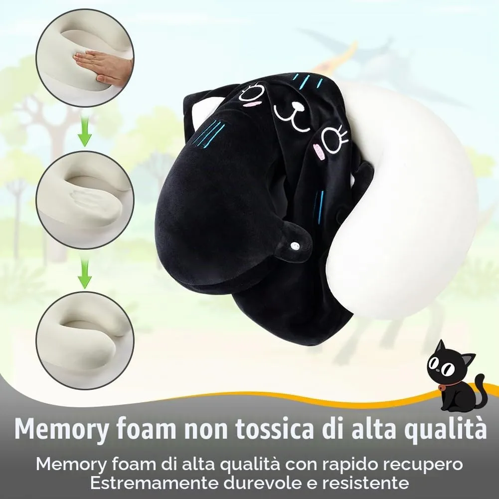 Alaoo Cuscino da Viaggio per Bambini, con Benda sull'occhio,Gatto Nero - immagine 5