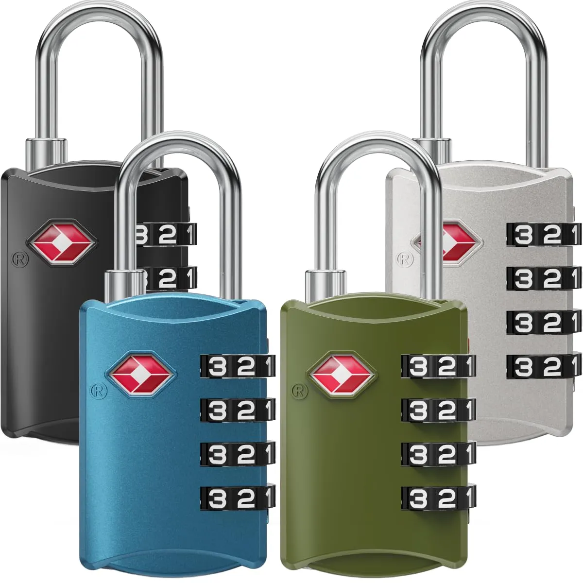 NOVLOCK Lucchetti TSA a combinazione da viaggio a 4 cifre – compatibile USA – per valigia, zaino, borsa sportiva e bagaglio a mano – 4 pezzi, nero/blu/verde/argento - immagine 1