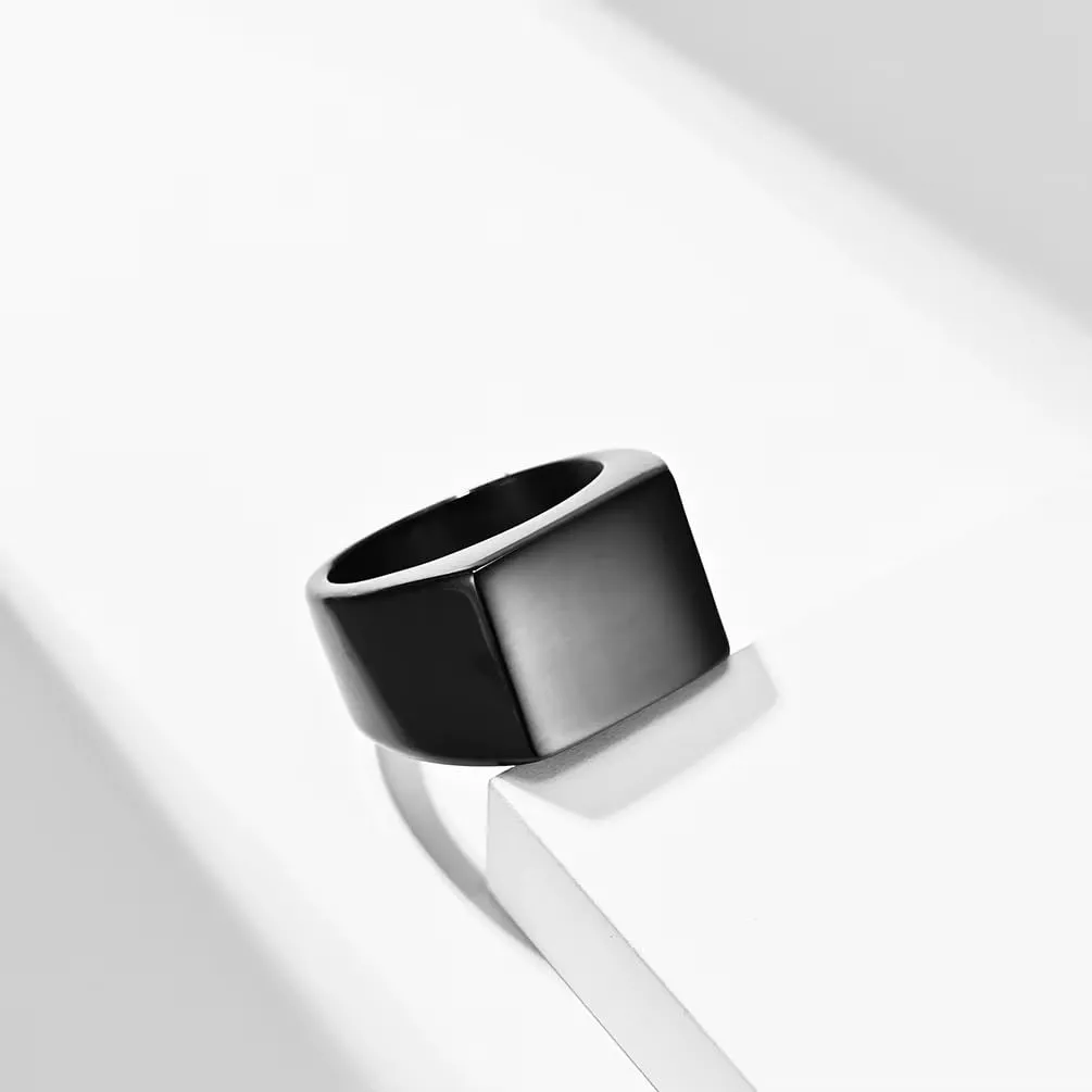 Cadoline Anello con sigillo quadrato in acciaio inossidabile da uomo, 14 mm, nero, taglia 11 - immagine 3