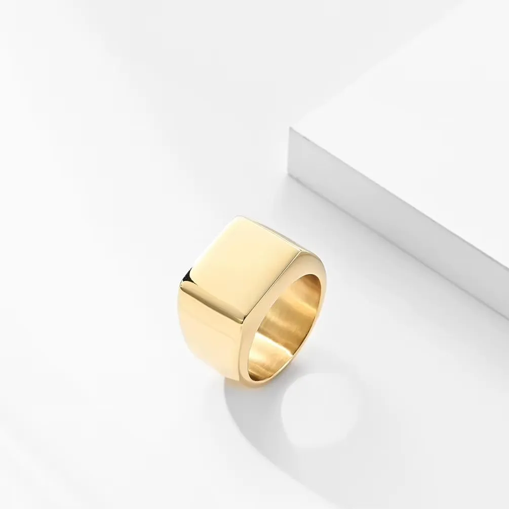 Cadoline Anello con sigillo quadrato in acciaio inossidabile da uomo, 14 mm, oro, taglia 9 - immagine 3