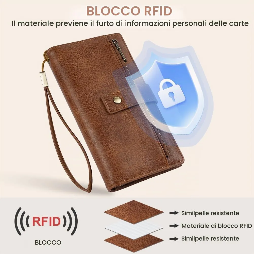 Vicloon Portafoglio Donna con Protezione RFID, Portafoglio Donna in Pelle PU, con 24 Scomparti per Carte di Credito, Tracolla Staccabile, Cerniera, Portafoglio Donna Grande, per Borse a Mano, Marrone - immagine 3