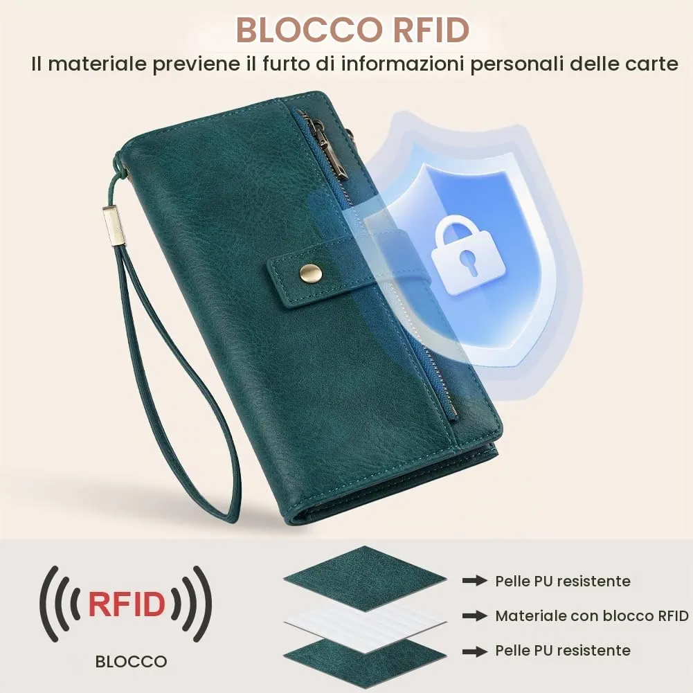 Vicloon Portafoglio Donna con Protezione RFID, Portafoglio Donna in Pelle PU, con 24 Scomparti per Carte di Credito, Tracolla Staccabile, Cerniera, Portafoglio Donna Grande, per Borse a Mano, Blu - immagine 3