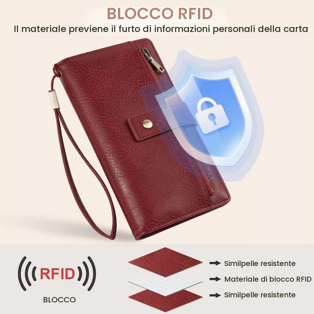 Vicloon Portafoglio Donna con Protezione RFID, Portafoglio Donna in Pelle PU, con 24 Scomparti per Carte di Credito, Tracolla Staccabile, Cerniera, Portafoglio Donna Grande, per Borse a Mano, Borgogna - immagine 3