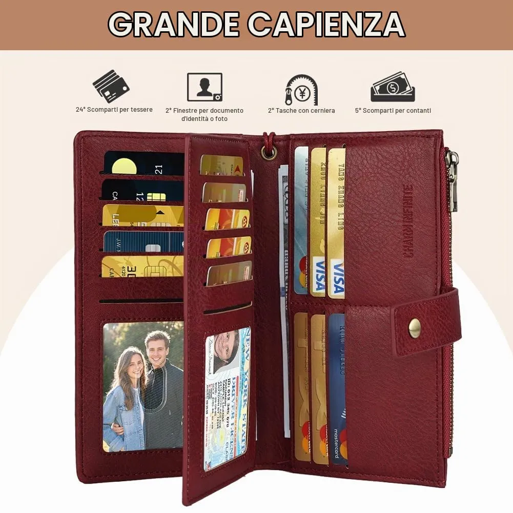 Vicloon Portafoglio Donna con Protezione RFID, Portafoglio Donna in Pelle PU, con 24 Scomparti per Carte di Credito, Tracolla Staccabile, Cerniera, Portafoglio Donna Grande, per Borse a Mano, Borgogna - immagine 5