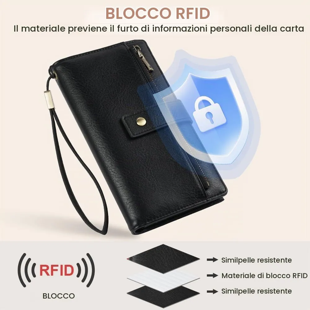 Vicloon Portafoglio Donna con Protezione RFID, Portafoglio Donna in Pelle PU, con 24 Scomparti per Carte di Credito, Tracolla Staccabile, Cerniera, Portafoglio Donna Grande, per Borse a Mano, Nero - immagine 3