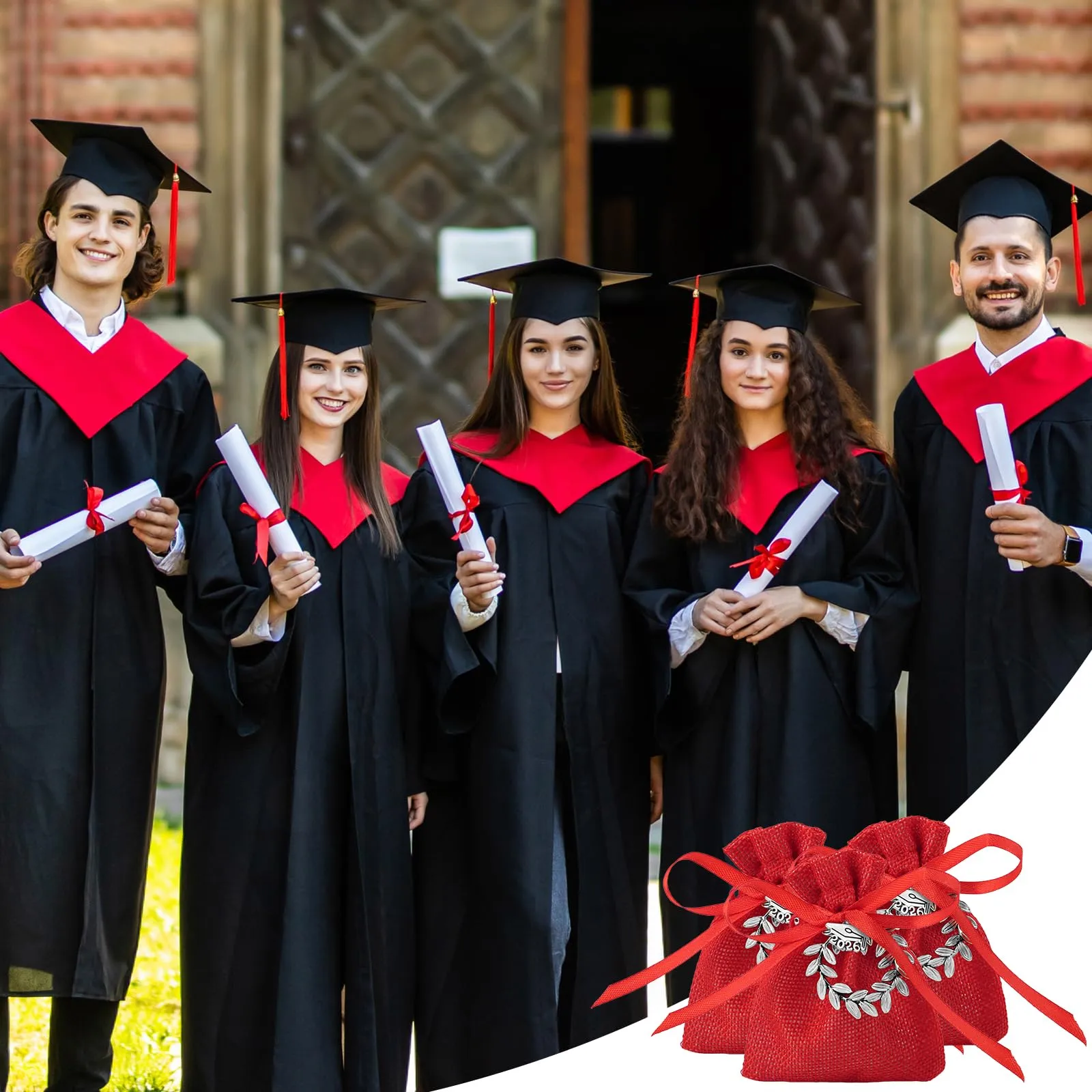Walkinbear 24Pz Bomboniere Laurea Portaconfetti, Rossa Sacchetti Laurea con Ciondoli Corona Alloro, Biglietti e Nastro per Cerimonie, Feste - immagine 7