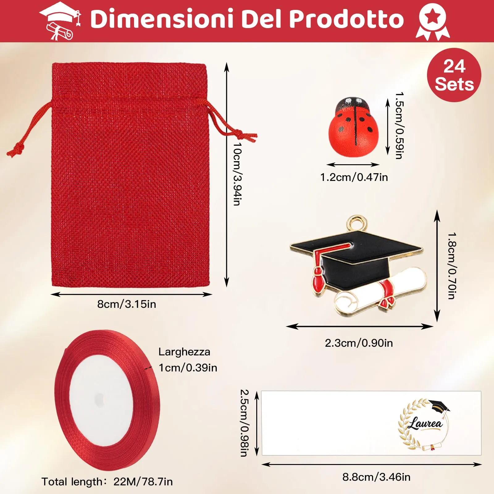 Walkinbear 24Pz Bomboniere Laurea Portaconfetti, Rossa Sacchetti Laurea con Ciondoli Coccinella, Biglietti e Nastro per Cerimonie, Feste - immagine 3