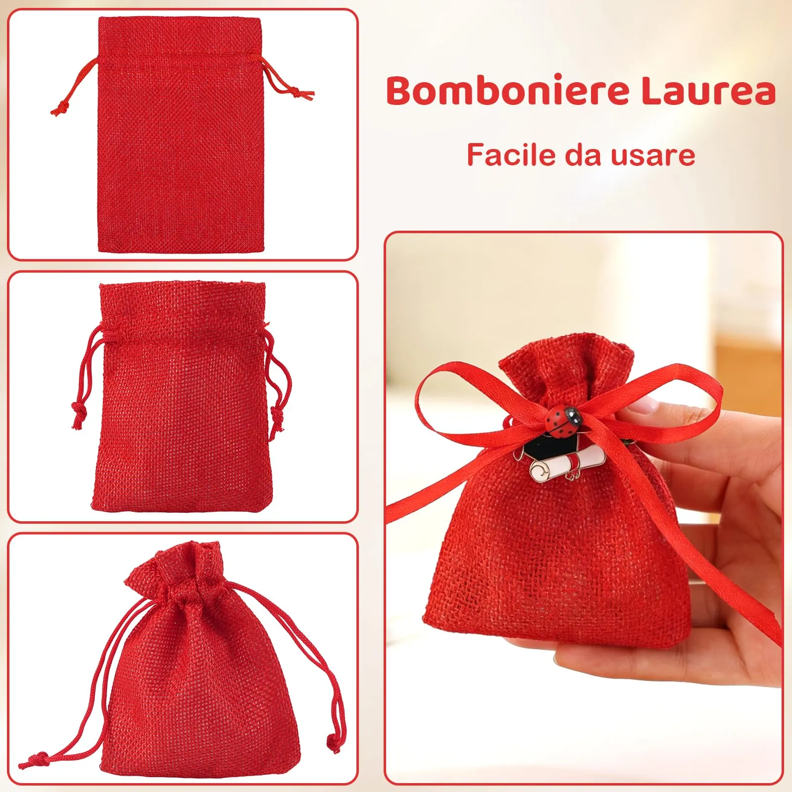 Walkinbear 24Pz Bomboniere Laurea Portaconfetti, Rossa Sacchetti Laurea con Ciondoli Coccinella, Biglietti e Nastro per Cerimonie, Feste - immagine 5