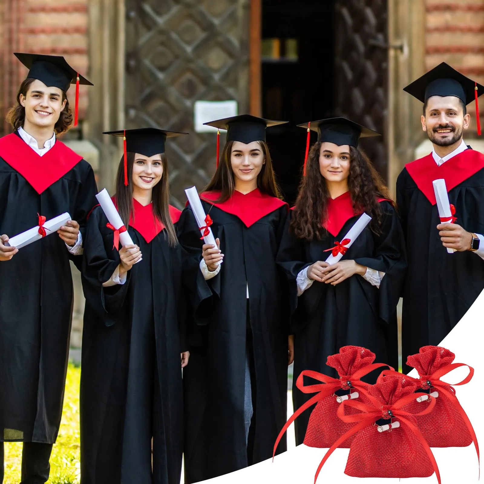 Walkinbear 24Pz Bomboniere Laurea Portaconfetti, Rossa Sacchetti Laurea con Ciondoli Coccinella, Biglietti e Nastro per Cerimonie, Feste - immagine 7