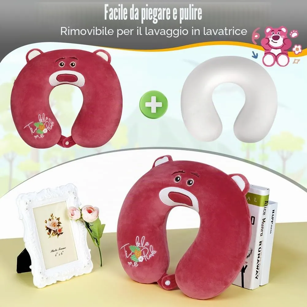 Alaoo Cuscino da Viaggio per Bambini, Cuscino Portatile, Orso Fragola - immagine 4