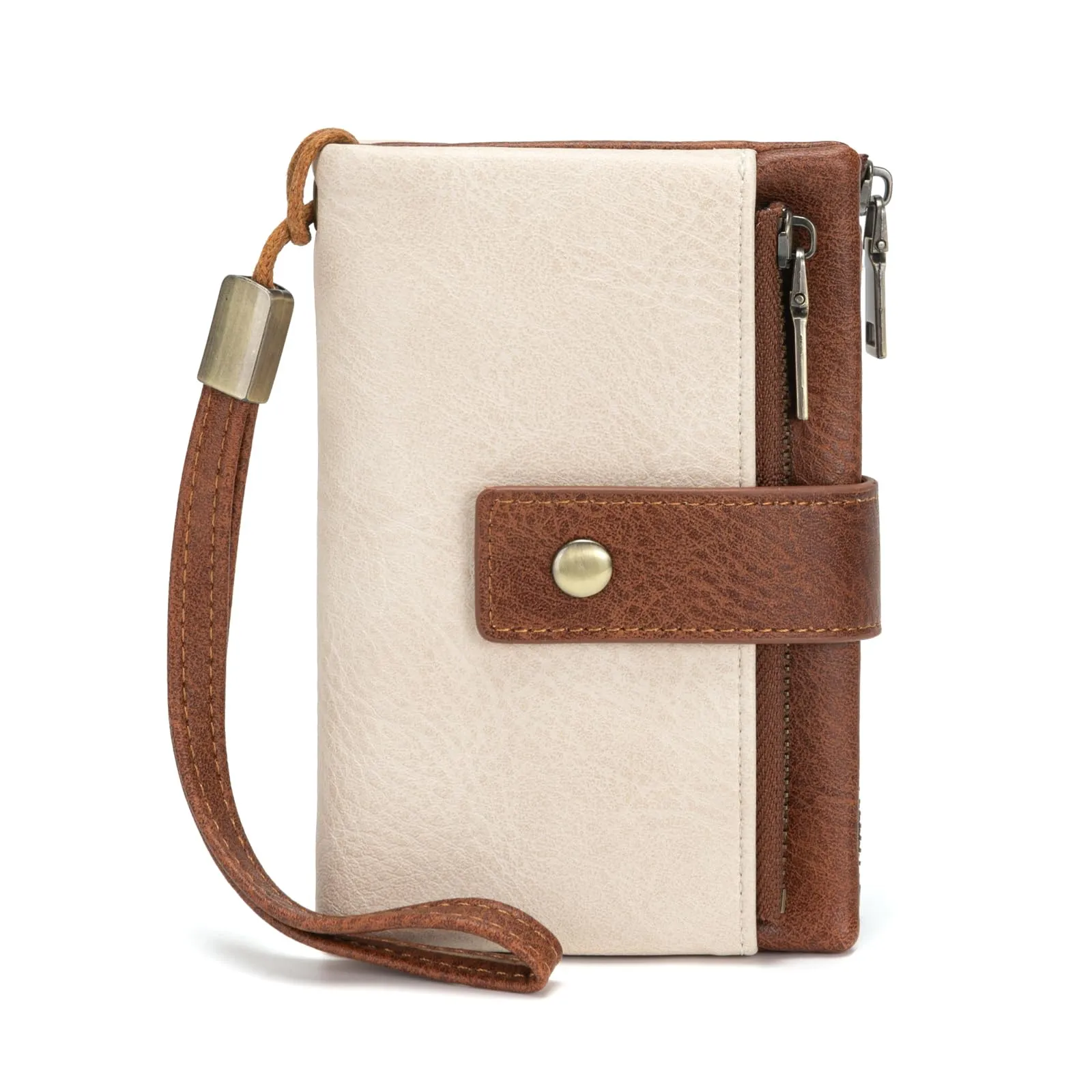 CHAOFANXI Portafoglio da Donna in Pelle PU con Protezione RFID, 15 Scomparti per Carte, Portamonete con Zip e Cinturino da Polso Rimovibile,Marrone e Bianco - immagine 1