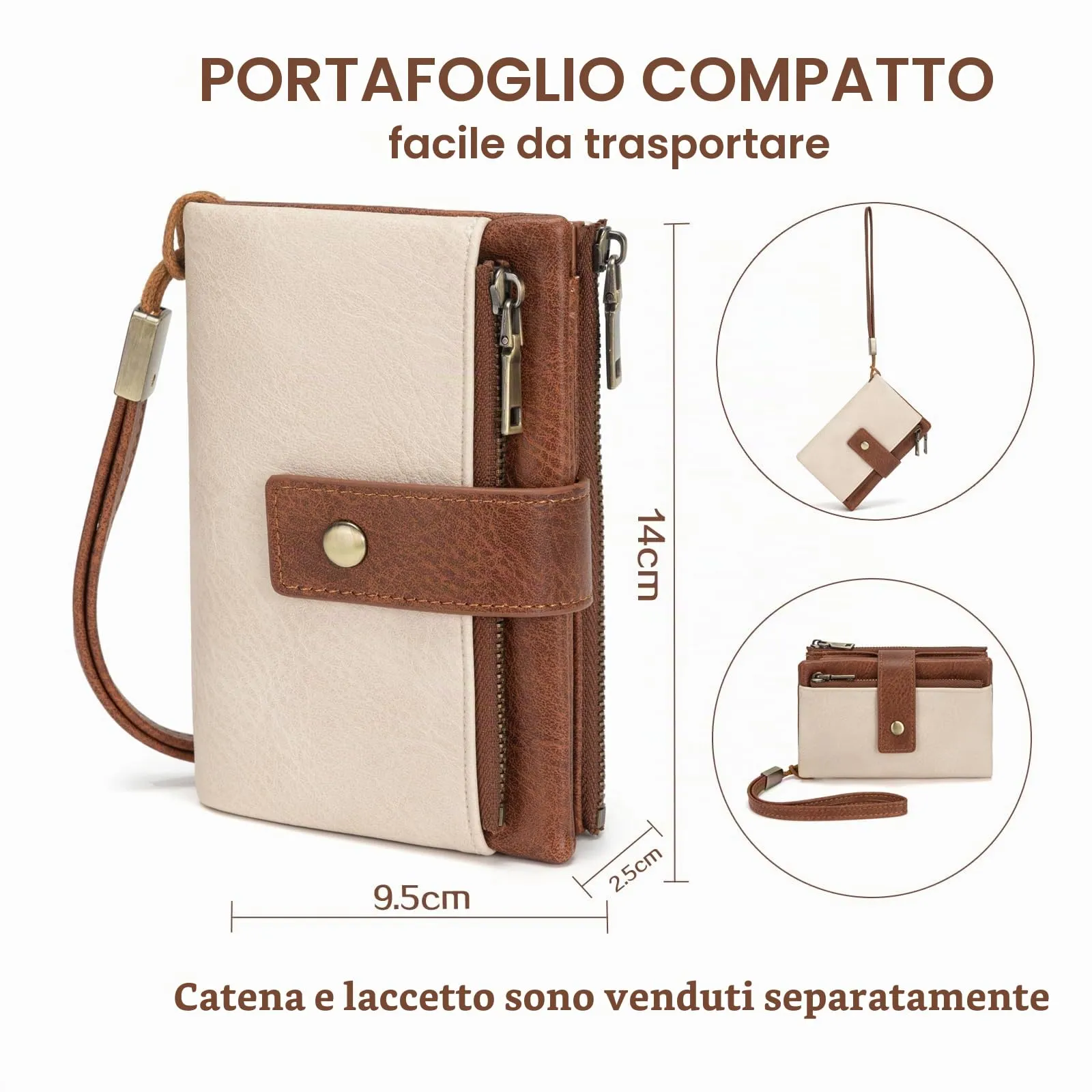 CHAOFANXI Portafoglio da Donna in Pelle PU con Protezione RFID, 15 Scomparti per Carte, Portamonete con Zip e Cinturino da Polso Rimovibile,Marrone e Bianco - immagine 3
