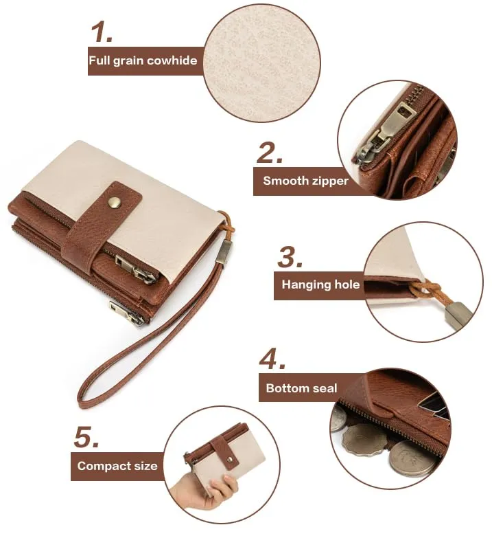 CHAOFANXI Portafoglio da Donna in Pelle PU con Protezione RFID, 15 Scomparti per Carte, Portamonete con Zip e Cinturino da Polso Rimovibile,Marrone e Bianco - immagine 4