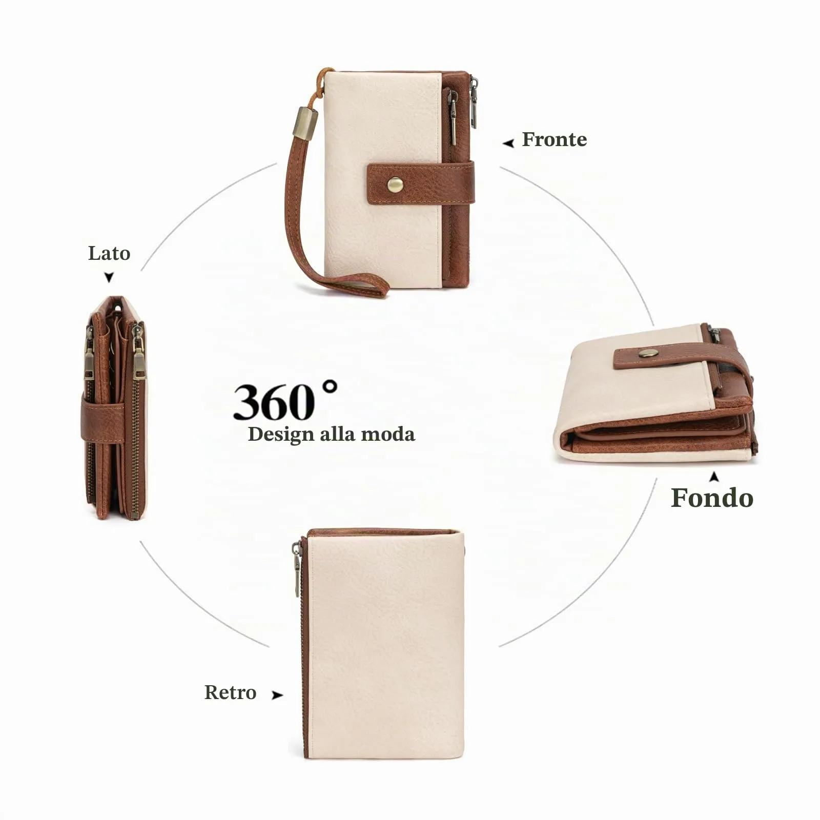 CHAOFANXI Portafoglio da Donna in Pelle PU con Protezione RFID, 15 Scomparti per Carte, Portamonete con Zip e Cinturino da Polso Rimovibile,Marrone e Bianco - immagine 5