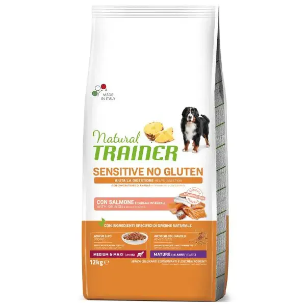 Natural Trainer Sensitive Monoproteico Medium/Maxi Mature con Salmone e cereali integrali 12 kg - Croccantini per cani - immagine 1