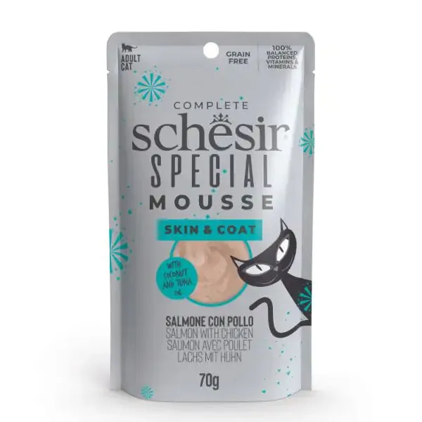 Schesir Special Cat Mousse Grain Free 70 g Skin e Coat: salmone con pollo - confezione da 12 pezzi - Cibo umido per gatti - immagine 1