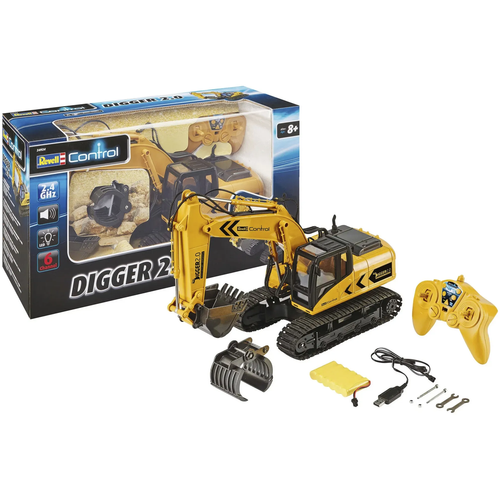 24924 RC Bagger mit 6-CH 2.4 GHz Fernsteuerung, Outdoor-tauglich, Schaufel und Baumgreifer aus Metall, griffiger Kettenantrieb, Originalgetreu, einzeln steuerbare Teile-Digger 2.0, bunt - immagine 1