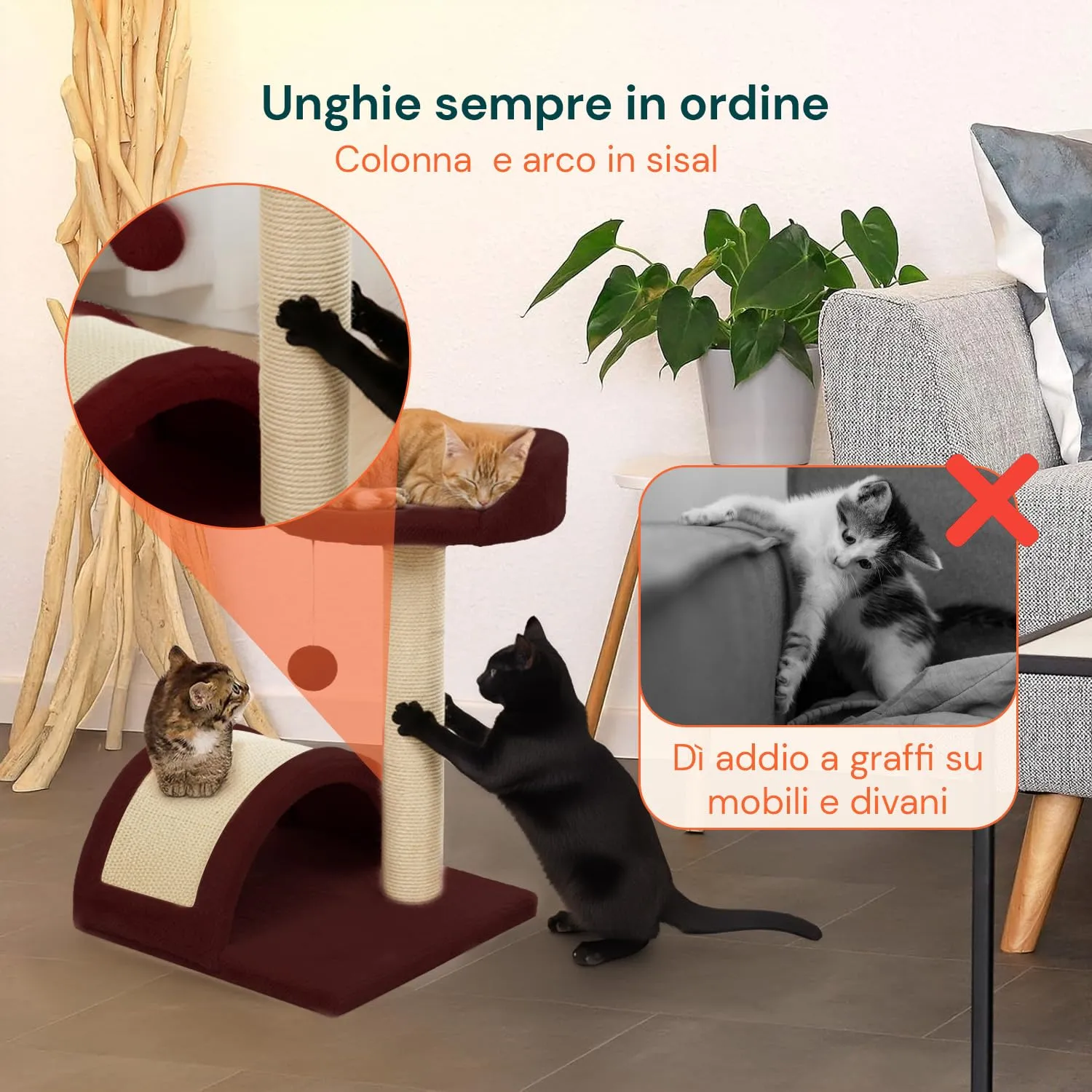 Avilia Tiragraffi Gatti Piccoli 50 cm, Arco in Sisal e Pallina, Bordeaux - immagine 4