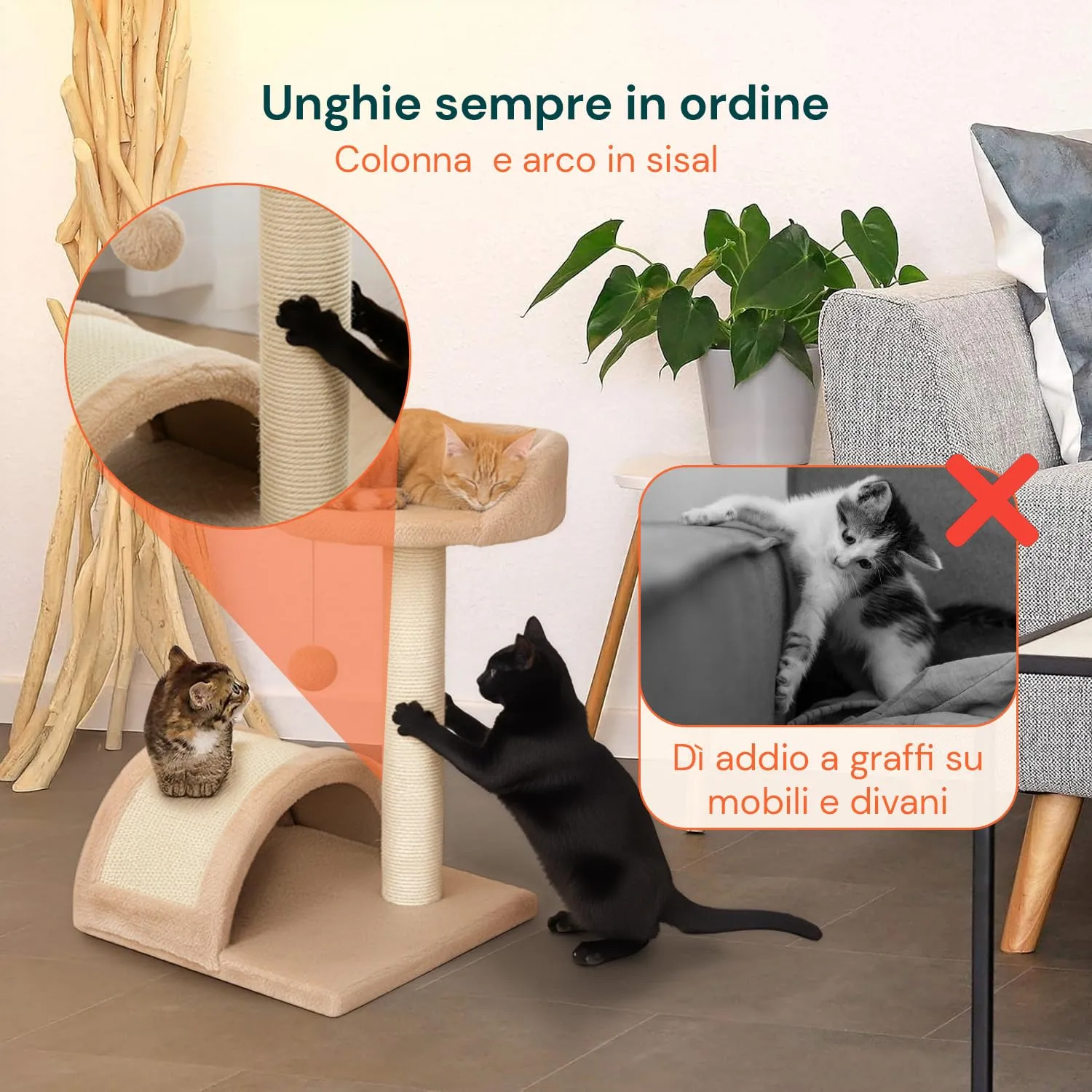 Avilia Tiragraffi Gatti Piccoli 50 cm, Arco in Sisal e Pallina, Beige - immagine 4