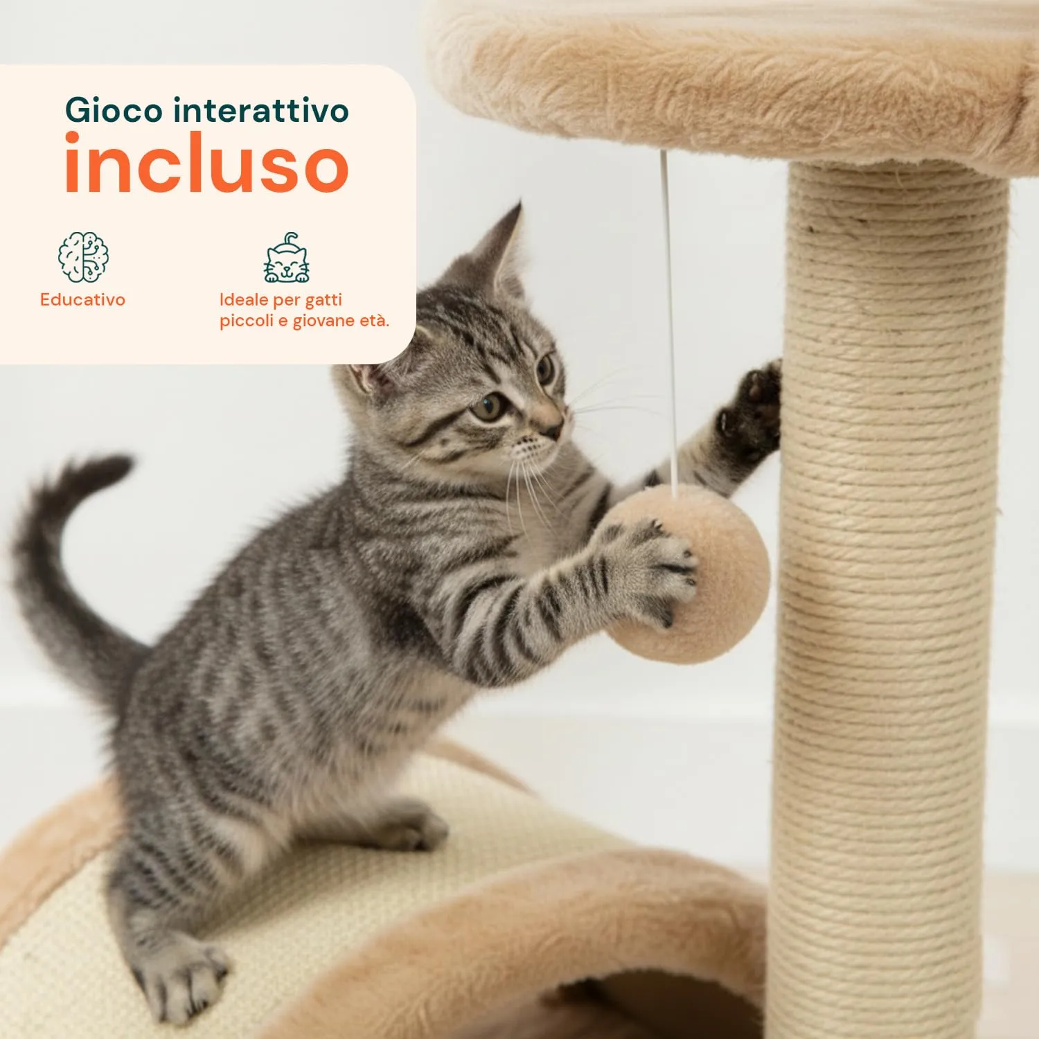 Avilia Tiragraffi Gatti Piccoli 50 cm, Arco in Sisal e Pallina, Beige - immagine 6