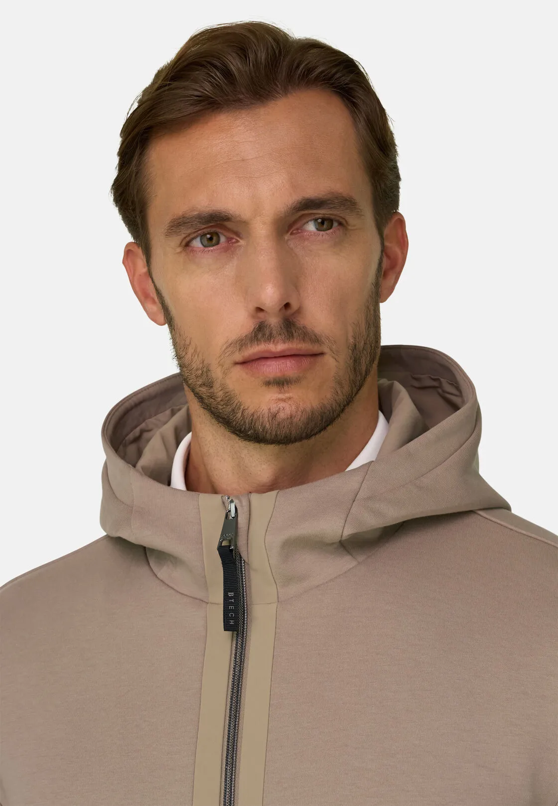 Boggi, Felpa Full Zip Cappuccio In Misto Cotone Scuba B Tech, Uomo, Beige, Taglia: L - immagine 3