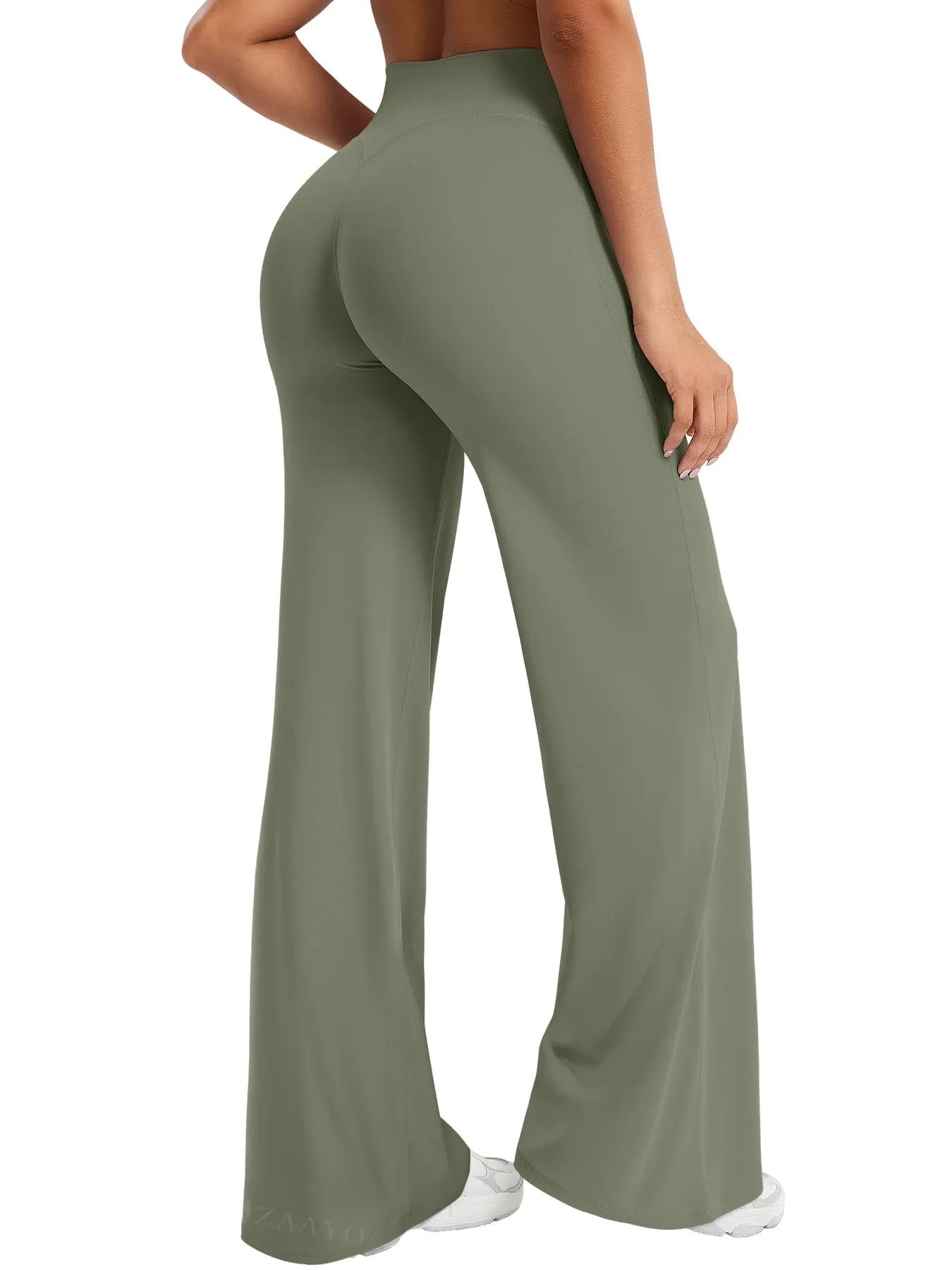 ZAAYO Pantaloni Yoga Senza Cuciture per Donna, Leggings Dritti, Vita Alta, con Gambe Larghe, per Sport, Yoga, Opachi, Grigio/verde, L Extra lang - immagine 2