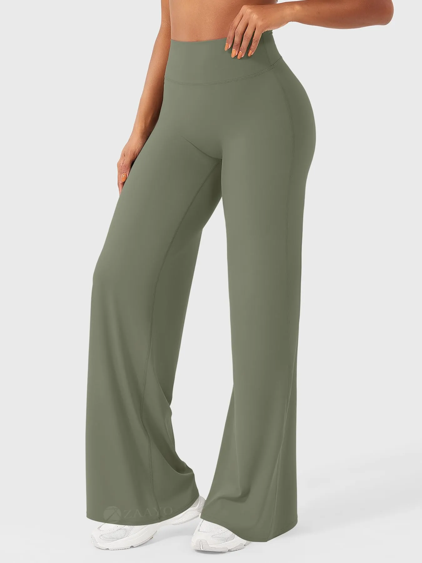 ZAAYO Pantaloni Yoga Senza Cuciture per Donna, Leggings Dritti, Vita Alta, con Gambe Larghe, per Sport, Yoga, Opachi, Grigio/verde, L Extra lang - immagine 4