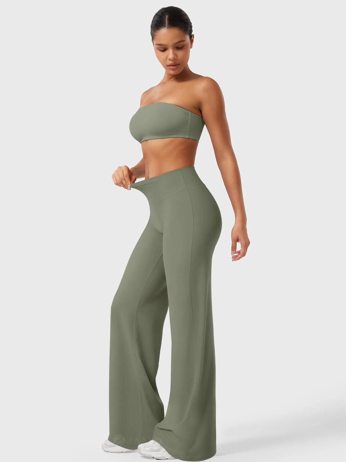 ZAAYO Pantaloni Yoga Senza Cuciture per Donna, Leggings Dritti, Vita Alta, con Gambe Larghe, per Sport, Yoga, Opachi, Grigio/verde, L Extra lang - immagine 5
