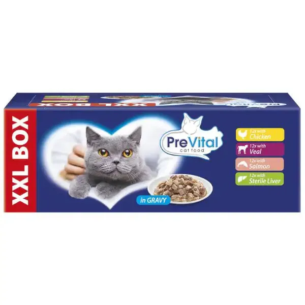 Prevital Cat Food Sterilised Multipack XXL Box 48x100 gr 12x Pollo 12x Vitello 12x Salmone 12x Fegato - immagine 1