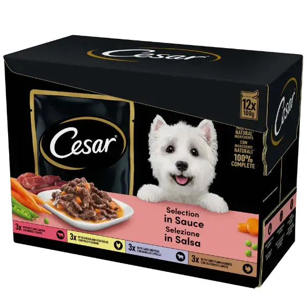 Cesar Dog Selezione Delizie del Giorno Multipack 12x100 gr 3x Manzo 3x Pollo 3x Agnello 3x Tacchino - immagine 1