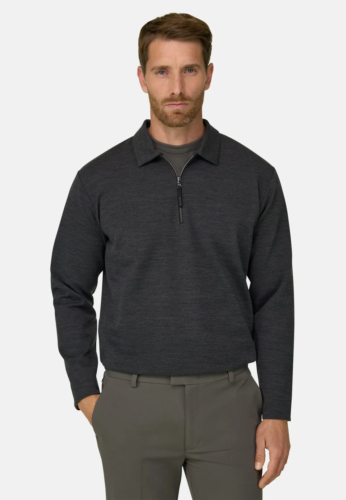Boggi, Felpa Mezza Zip In Misto Lana Wooltech Diagonale, Uomo, Carbone, Taglia: L - immagine 1