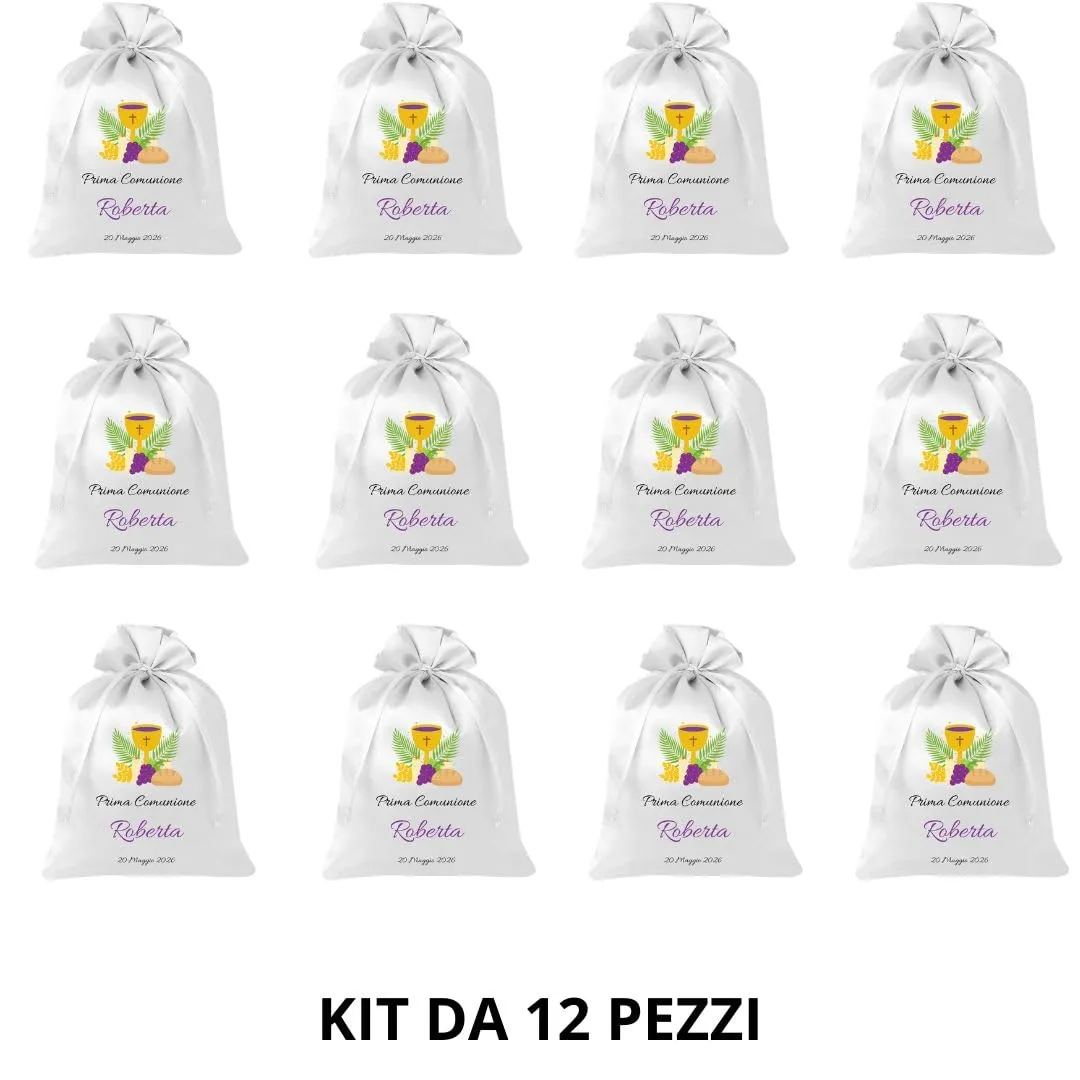 Cormar Sacchetti Bomboniere Cresima Personalizzati – Set 12 Pezzi, 9x12 cm, Colore Bianco con Ricamo Elegante (CALICE ORO E VIOLA) - immagine 2