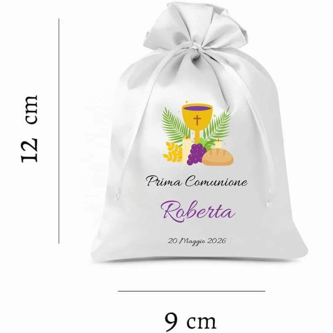 Cormar Sacchetti Bomboniere Cresima Personalizzati – Set 12 Pezzi, 9x12 cm, Colore Bianco con Ricamo Elegante (CALICE ORO E VIOLA) - immagine 4
