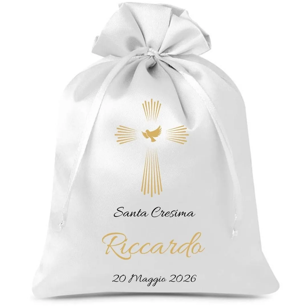 Cormar Sacchetti Bomboniere Cresima Personalizzati – Set 12 Pezzi, 9x12 cm, Colore Bianco con Ricamo Elegante (CROCE+COLOMBA) - immagine 1