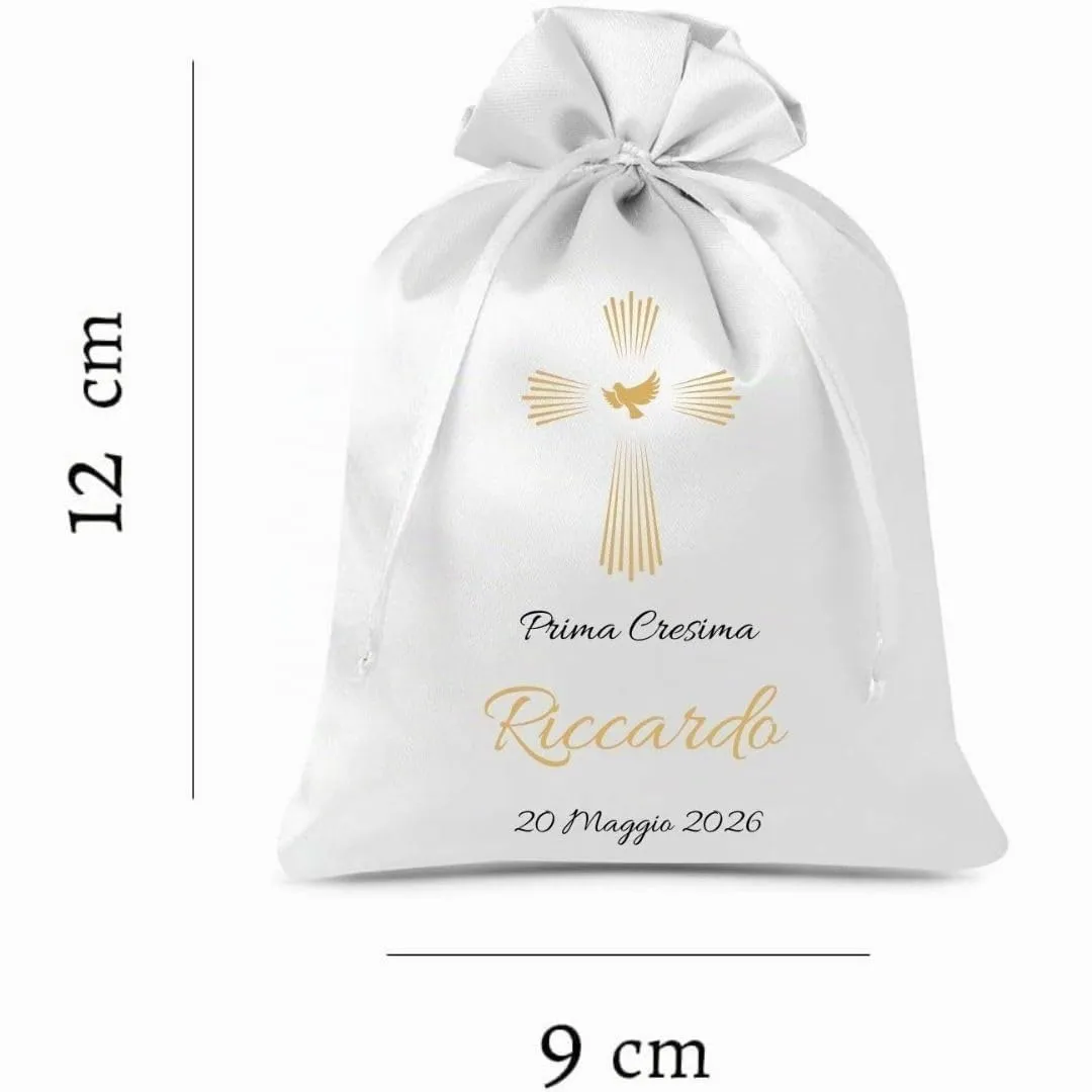 Cormar Sacchetti Bomboniere Cresima Personalizzati – Set 12 Pezzi, 9x12 cm, Colore Bianco con Ricamo Elegante (CROCE+COLOMBA) - immagine 2
