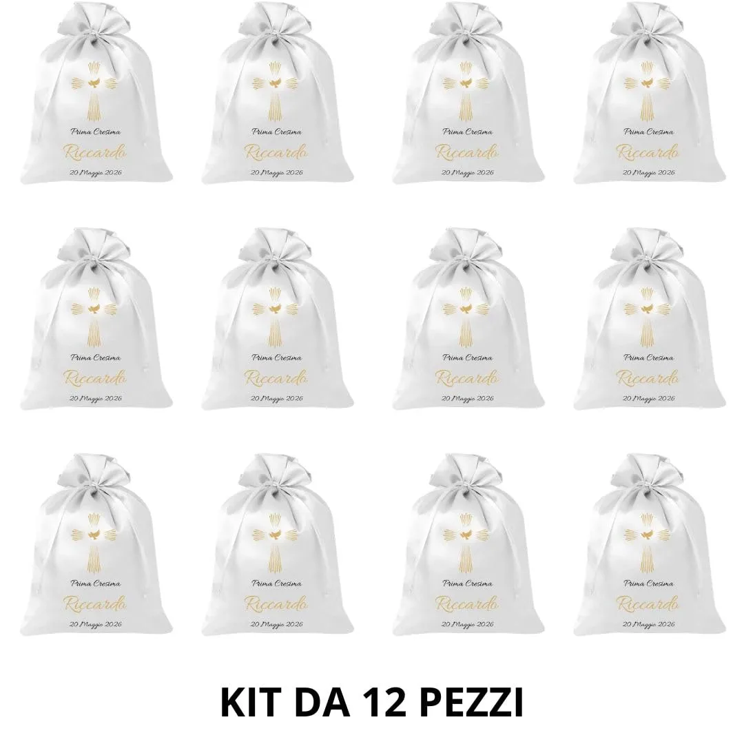 Cormar Sacchetti Bomboniere Cresima Personalizzati – Set 12 Pezzi, 9x12 cm, Colore Bianco con Ricamo Elegante (CROCE+COLOMBA) - immagine 3