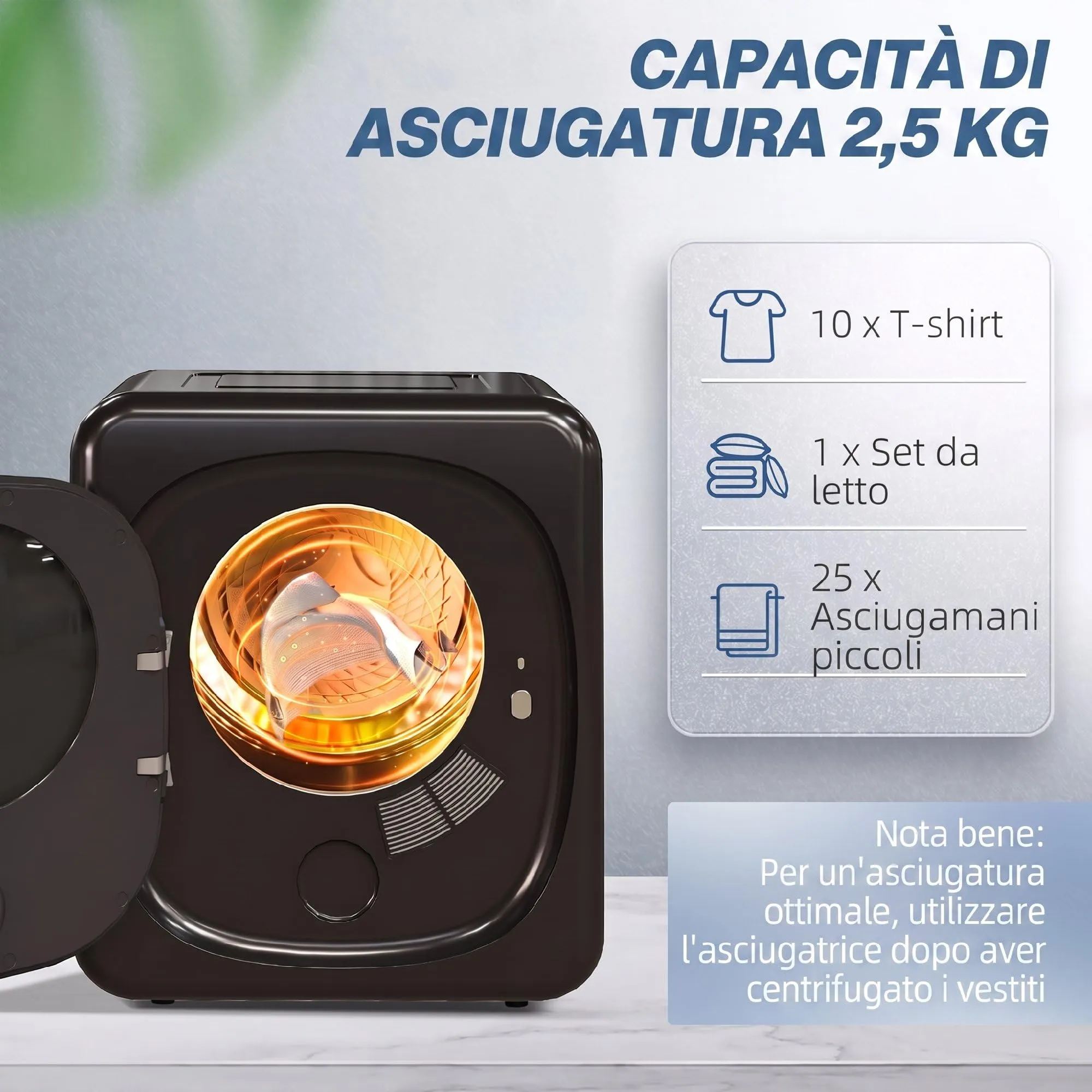 HOMCOM Mini Asciugatrice Portatile 2.5kg 6 Programmi Display Touch Nero - immagine 4