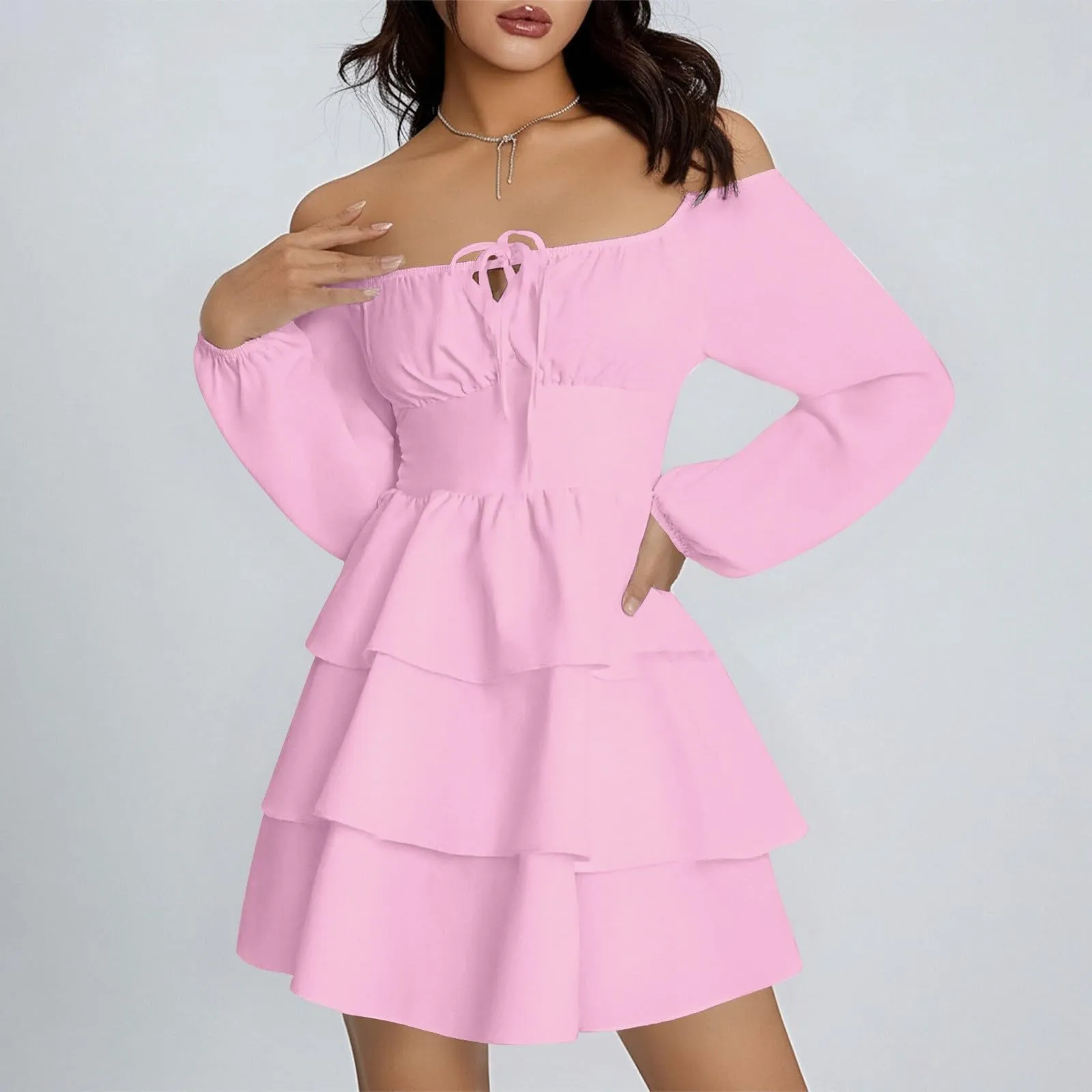 TOFOTL Vestito per Cresima Donna a Vita Alta Estivo Maniche Lunghe Mini Monospalla Linea Svasata Abiti da Eleganti Abito Casual con Volant Corto Rosa S - immagine 3